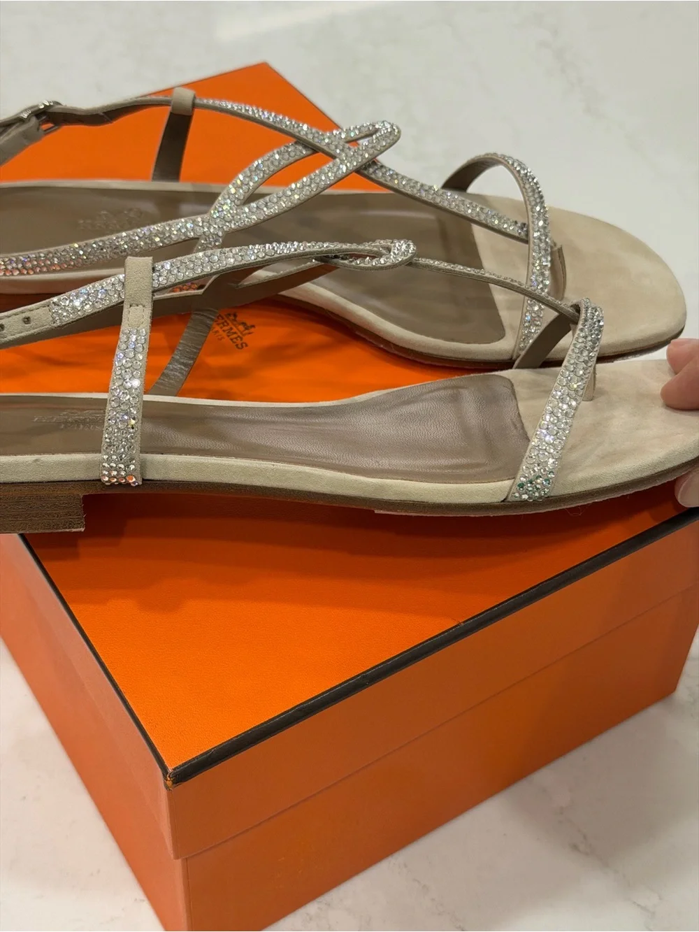 Hermes Crystal-Embellished Beige T-Strap Sandal - Picture 10 of 12